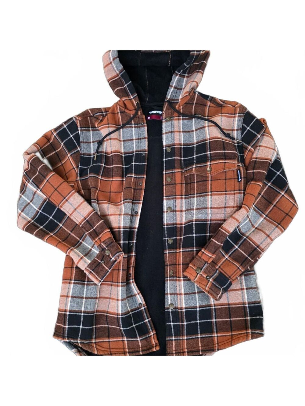 Men's Med -Wolverine Plaid Hooded Flannel Shacket in Rust Black and White